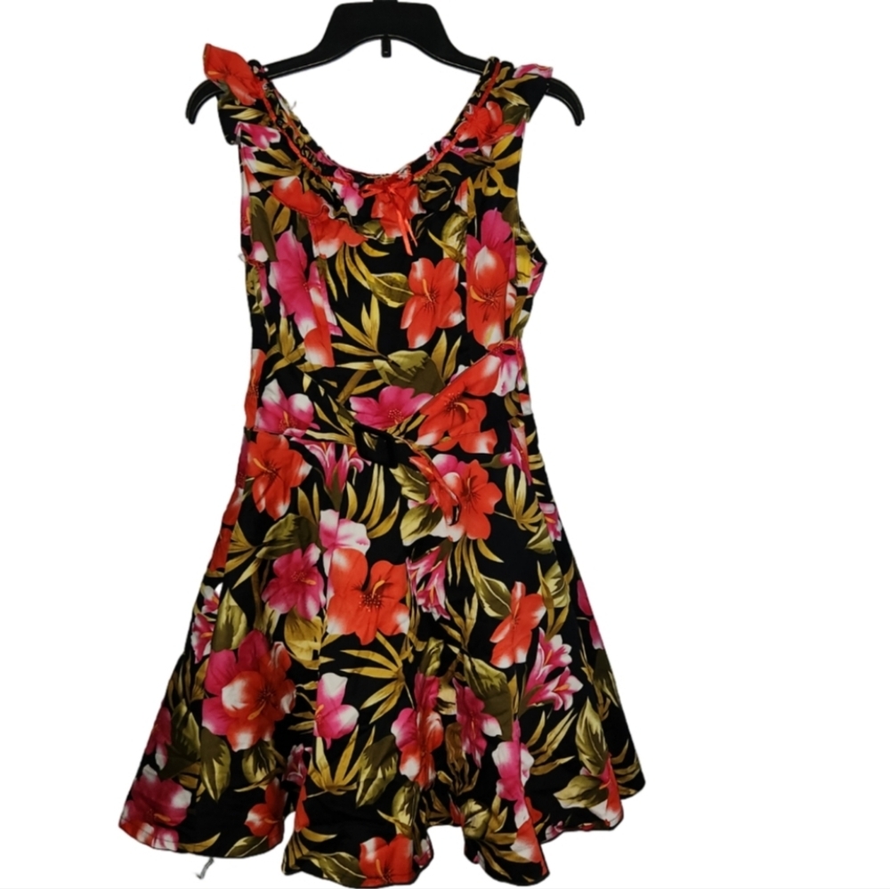 Voodoo Vixen Red Black Hibiscus Retro Vintage Flared Dress M Floral Rockabilly